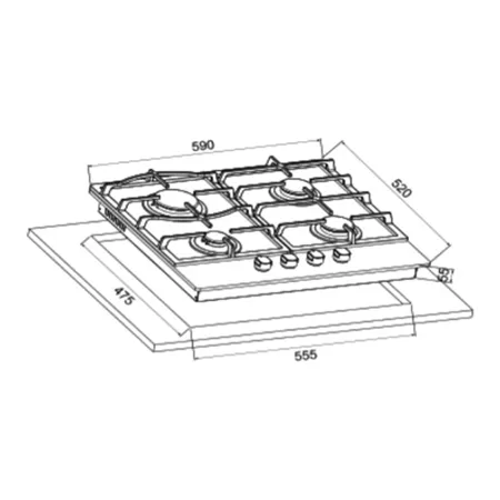 CATA UBGOG601BK Gas On Glass Hob 4 Burner Inc Wok Burner with  Cast Iron Pan Stands