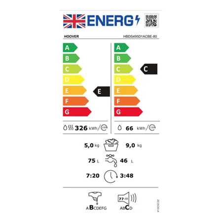 Hoover HBDS495D1ACBE-80 Integrated 9 kg Washer Dryer