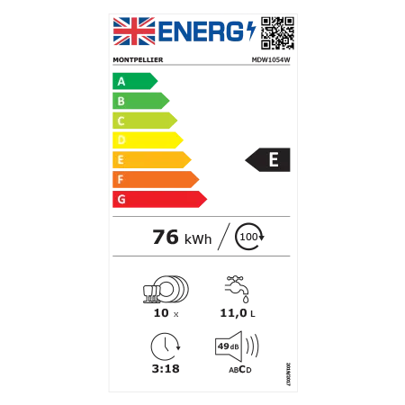 Montpellier MDW1054W 45cm Freestanding Slimline Dishwasher in White