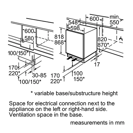 SIEMENS KU15LAFF0G Built Under Fridge with Ice Box with fixed hinge